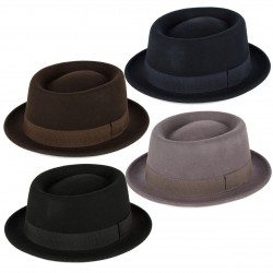 STYLISH 100% WOOL PORK PIE HAT WITH COLOURFUL BAND WATERPROOF & CRUSHABLE, HANDMADE IN ITALY